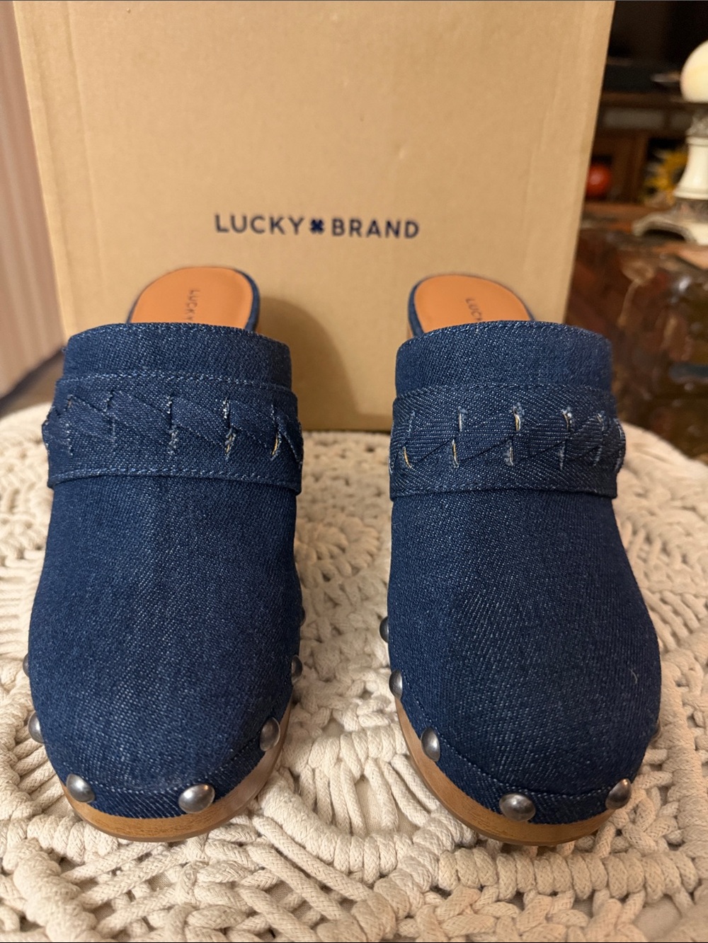 Lucky Brand Dark Denim Studded Mule Clogs